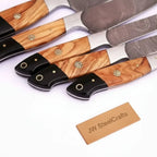 Handmade Damascus Knife Set, Olive Wood & Resin Handle