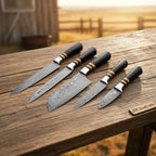 5-Piece Damascus Knife Set Black Resin Rosewood Handle — Wood Grain Damascus Blades