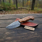 Damascus Drop Point Skinner Knife 3 Inch Blade Rosewood Handle Fixed Blade With Leather Sheath