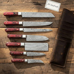Handmade Damascus Kitchen Knife Set with Red Pakka Wood Handles | Complete 7-Piece Collection