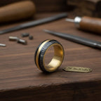 Damascus Steel Wedding Ring Twisted Pattern with Brass Inlay Band