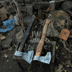 Norse Viking Axe Set with Engraved Steel Heads and Carved Hardwood Handles