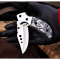 Marble Resin Folding Pocket Knife — Drop Point Blade, Brass Pivot, and Genuine Leather Sheath