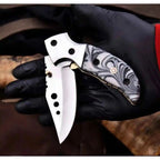 Marble Resin Folding Pocket Knife — Drop Point Blade, Brass Pivot, and Genuine Leather Sheath