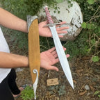 Handmade Fantasy Short Sword with Reddish Wood Grip and Wooden Sheath