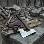 Hand Forged Carbon Steel Viking Axe with Carved Ash Wood Handle and Leather Grip