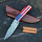 Damascus Steel USA Flag Handle Knife — 5-Inch Raindrop, & Leather Sheath