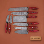 8 Piece Damascus Knife Set with Red Pakka Handles and  Leather Roll