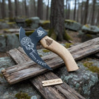 Viking Rune Engraved Bearded Axe Pizza Cutter — Carbon Steel Blade, Ash Wood Handle