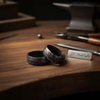 Black Damascus Steel Wedding Ring Set Double Groove Couple Bands