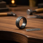 Black Damascus Steel Wedding Ring Set Double Groove Couple Bands