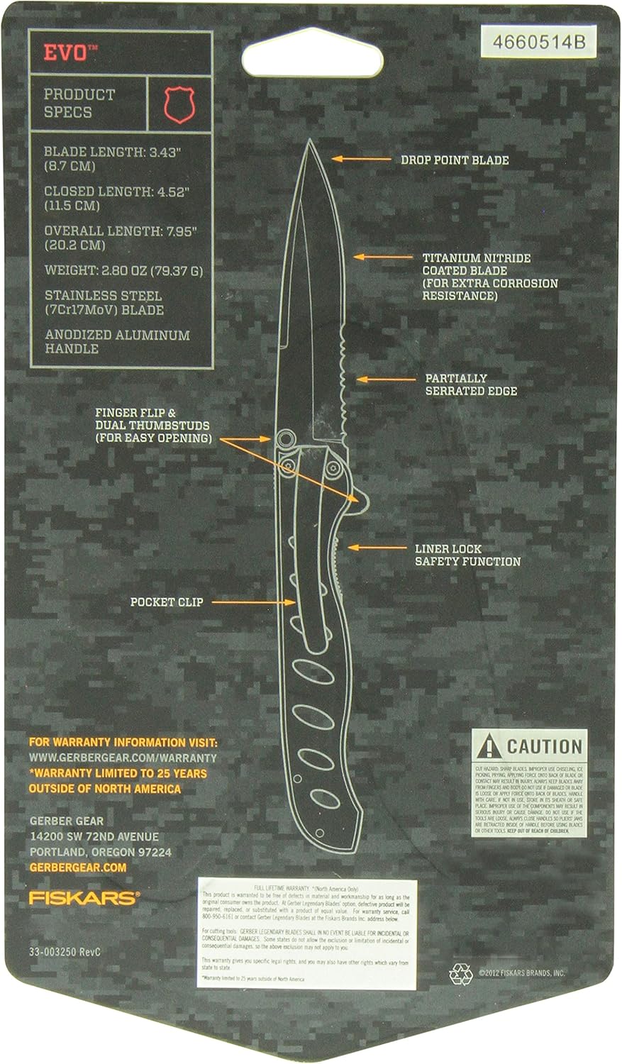 Gerber EVO Jr Knife Stainless Steel Titanium Nitride-Coated Blade Larger Size