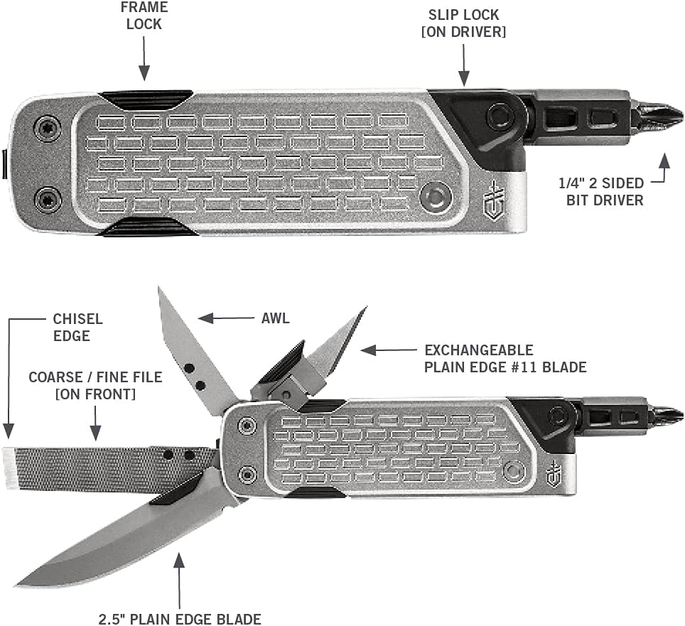 Gerber Plain Edge Blade, Driver, Cross Driver, Flathead, File, Chisel, Awl Multitool