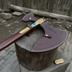 Hand Forged Viking Fantasy Double-Bit Axe with Norse Engraving, Gold Handle Fittings and Blue Gemstone Inlays
