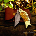 Damascus Fish Folding Knife with Bone Handle, Brass Bolster and Leather Sheath