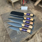 5-Piece Chef Knife Set with Hammered Black Blades, Purple Resin & Olive Wood Handles