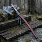 Hand Forged Viking Fantasy Double-Bit Axe with Norse Engraving, Gold Handle Fittings and Blue Gemstone Inlays