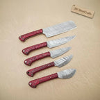 6-Piece Damascus Knife Set with Red Wood Handles and Brass Pins