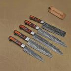 5-Piece Damascus Knife Set Orange Black Pakka Wood Handles with Hammered Tsuchime Blades