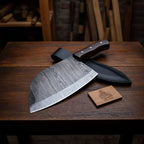 12-Inch Serbian Damascus Cleaver — Rosewood Handle & Leather Sheath