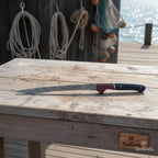 13-Inch Forged Damascus Boning & Fillet Knife — Blue and Red Two-Tone Resin Handle, Steel Bolster & Silver Pins