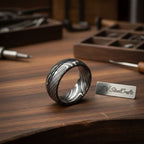 Mens Damascus Steel Wedding Band Double Center Groove Pattern Ring