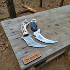 Damascus Steel Karambit Pair, Stag Horn & Wood Handle, 9-inch Blade