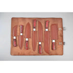 7-Piece Kitchen Knife Set with Vegetable Cleaver with Red Pakka Wood Handles and Swirl Damascus Blades
