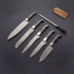 5-Piece Damascus Knife Set with Honing Rod and Black Handles