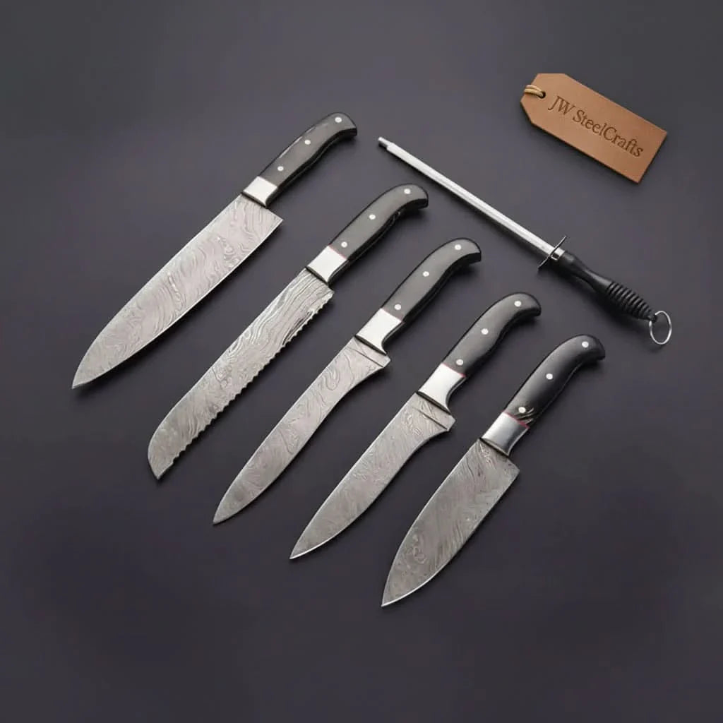 5-Piece Damascus Knife Set with Honing Rod and Black Handles