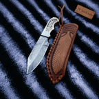 Handmade Damascus Drop Point Hunting Knife with Engraved Bone Handle and Leather Sheath