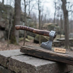 Hand Forged Carbon Steel Viking Axe with Carved Ash Wood Handle and Leather Grip