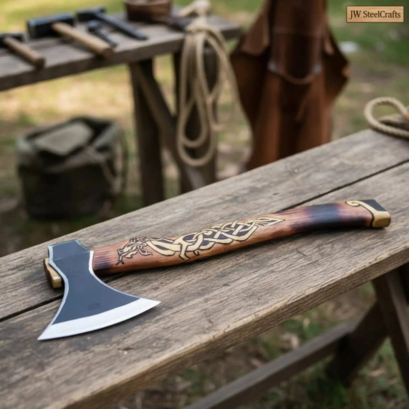 Hand-Forged Viking Bearded Camp Axe with Engraved Hardwood Handle