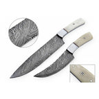 2-Piece Damascus Chef Knife Set — 10 & 8 Inch Wave Pattern Blades, White Camel Bone Handles & Steel Bolsters | JW Steel Crafts