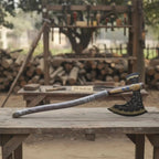 Hand Forged Viking Fantasy Double-Bit Axe with Norse Engraving, Gold Handle Fittings and Blue Gemstone Inlays