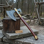 Hand Forged Viking Fantasy Double-Bit Axe with Norse Engraving, Gold Handle Fittings and Blue Gemstone Inlays