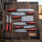 8 Piece Damascus Knife Set with Red Pakka Handles and  Leather Roll