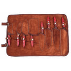 8 Piece Damascus Knife Set with Red Pakka Handles and  Leather Roll