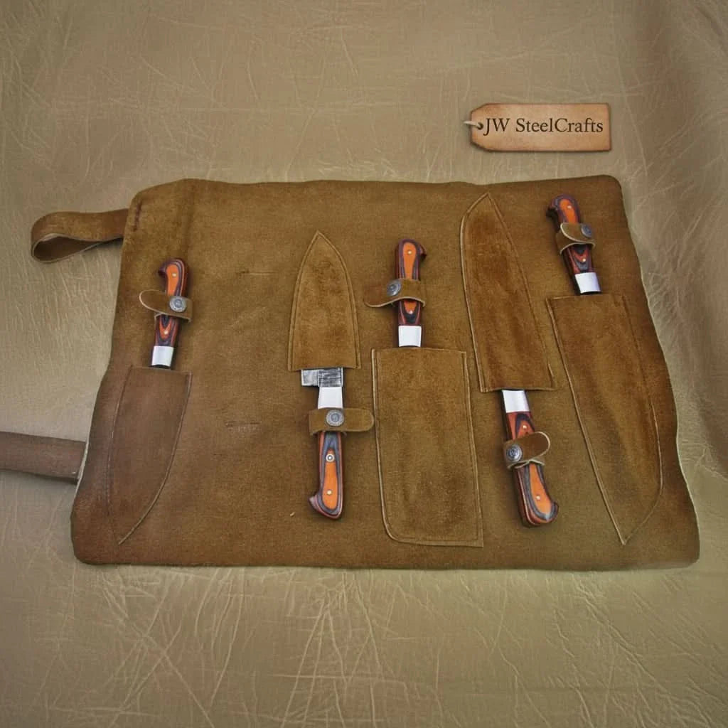 5-Piece Damascus Knife Set Orange Black Pakka Wood Handles with Hammered Tsuchime Blades