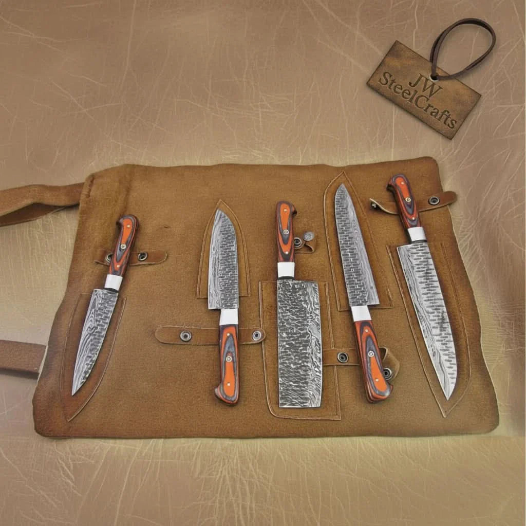 5-Piece Damascus Knife Set Orange Black Pakka Wood Handles with Hammered Tsuchime Blades