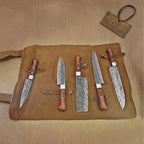 5-Piece Damascus Knife Set Orange Black Pakka Wood Handles with Hammered Tsuchime Blades