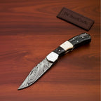 Handmade Damascus Folding Pocket Knife – Engraved & Plain Handle Variants | Leather Sheath Included
