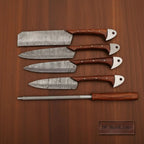 Hand-Forged Damascus Chef Knife Set with Leather Roll & Sharpening Rod - Rosewood Handle Collection