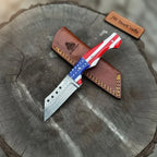 Damascus Tanto Fixed Blade Knife with American Flag Resin Handle, and Leather Sheath