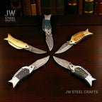 Fish-Style Damascus Folding Knife | 5 Color Variants | Hand-Engraved Collectible