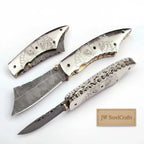 Hand Engraved Damascus Folding Knife with Skull Design & Brass Liners – Collector Pocket Knife